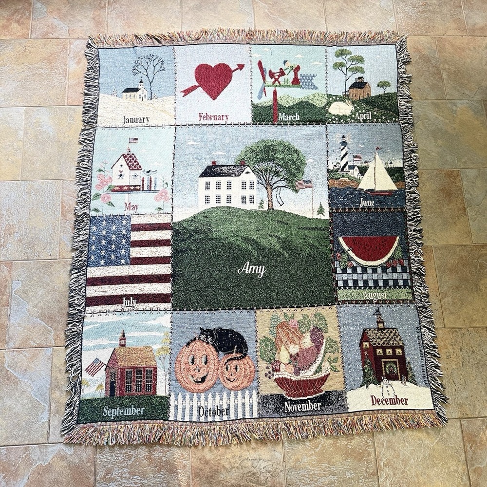 VTG 90s Tapestry Woven Throw Blanket Calendar Month Of The Year Patchwork Fringe